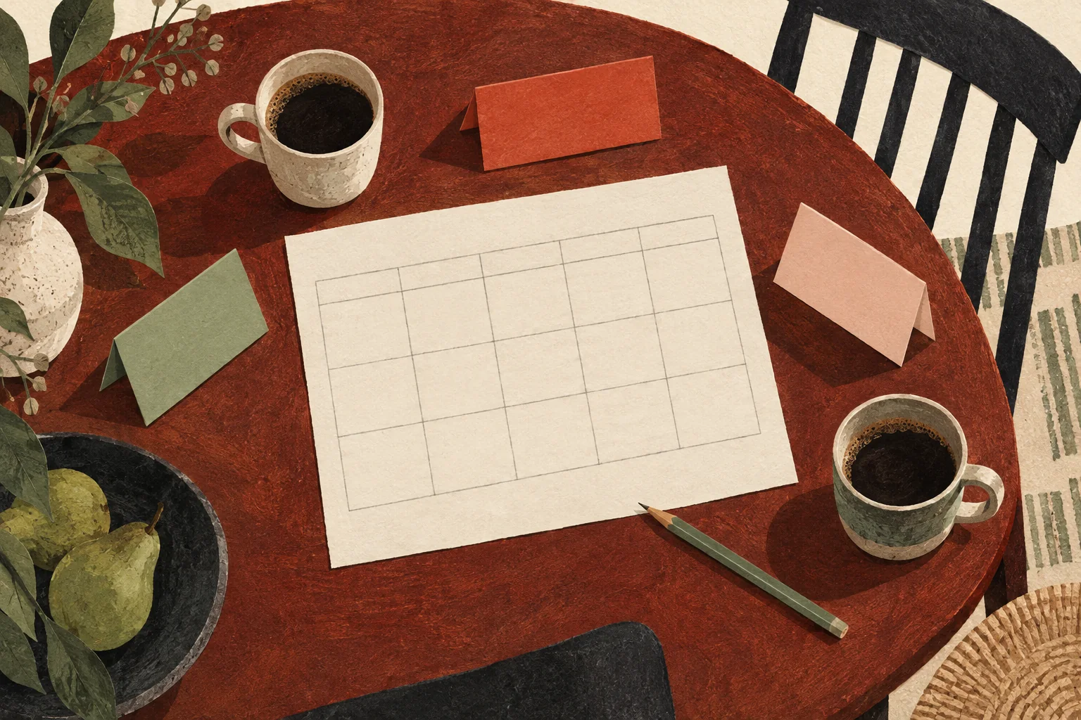 Illustration av ett planeringsblad, kaffekoppar och vikta namnskyltar på ett bord.